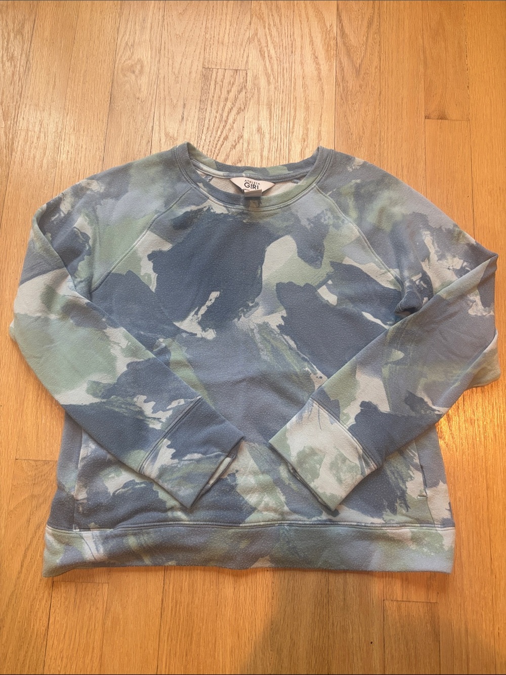 Athleta Camouflage-Print Crewneck Sweater in Blue and Green, Size Large